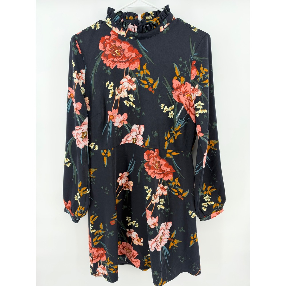 Lark & Ro Navy Floral Mock Neck Mini Dress Size 6 Long Sleeve Cottage Romantic